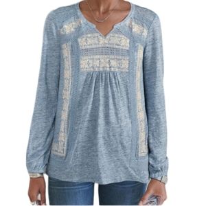 Sundance Long Sleeve Linen Blouse w/ Embroidery and Crystal Detail Blue XL